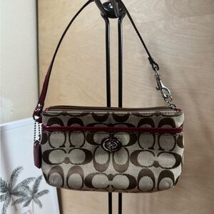 Coach Signature vintage yk2 Canvas Wristlet in Tan with Red Trim